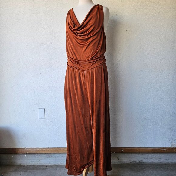 Anthropologie Maeve Enchantment Jumpsuit Rust Orange Cowl Neck Draped Size L - Picture 2 of 7